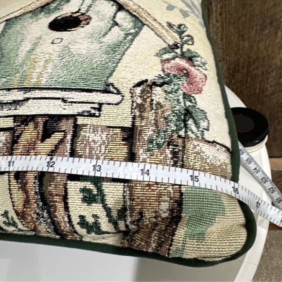 Floral Hollyhock Birdhouse Bluebird Tapestry Decorative Pillow Green 16x16 - Picture 6 of 6